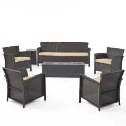 Christopher Knight Home Khaden Outdoor Wicker 7 Seater Sofa And Club Chair Chat Set With Fire Pit