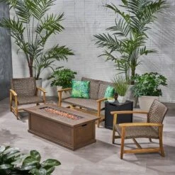 Christopher Knight Home Breakwater Outdoor Acacia Wood And Wicker 4 Seater Chat Set With 50,000BTU Fire Pit -FurniVerse Store GUEST 7fa75d0c 6e05 4cc5 b0c4 7196b3e03dd3