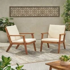 Temecula 2pk Outdoor Acacia Wood Club Chairs With Cushions - Brown Patina/Cream - Christopher Knight Home
