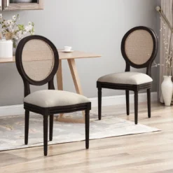 Christopher Knight Home Govan Upholstered Wood And Cane Dining Chairs (Set Of 2), Beige/Natural Brown/Dark Brown