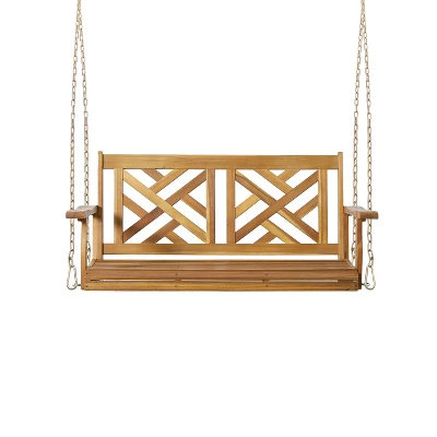 Alejandro Outdoor Acacia Wood Hanging Porch Swing Teak - Christopher Knight Home: 2-Person Garden Swing, Rustic Style 8 Alejandro Outdoor Acacia Wood Hanging Porch Swing Teak - Christopher Knight Home: 2-Person Garden Swing, Rustic Style - Image 8