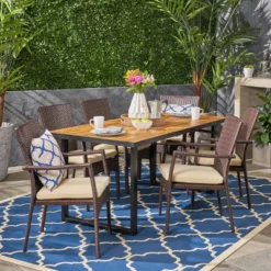 Christopher Knight Home Powell Outdoor Acacia Wood And Wicker 7 Piece Dining Set With Cushion, Teak/Brown