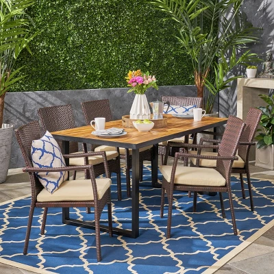 Christopher Knight Home Powell Outdoor Acacia Wood And Wicker 7 Piece Dining Set With Cushion, Teak/Brown 1 Christopher Knight Home Powell Outdoor Acacia Wood And Wicker 7 Piece Dining Set With Cushion, Teak/Brown