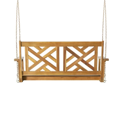 Alejandro Outdoor Acacia Wood Hanging Porch Swing Teak - Christopher Knight Home: 2-Person Garden Swing, Rustic Style 5 Alejandro Outdoor Acacia Wood Hanging Porch Swing Teak - Christopher Knight Home: 2-Person Garden Swing, Rustic Style - Image 5