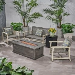 Christopher Knight Home Breakwater Outdoor Acacia Wood And Wicker 4 Seater Chat Set With 50,000BTU Fire Pit -FurniVerse Store GUEST 86e6c824 fdd5 442d a212 ceeeee1e9540