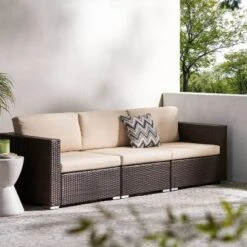 Christopher Knight Home 3pc Santa Rosa Wicker Outdoor Patio Sectional Sofa Multibrown/Beige