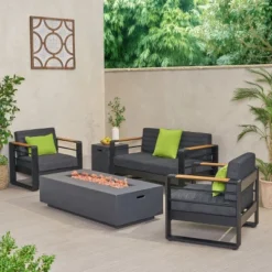 Christopher Knight Home Giovanna Outdoor Aluminum 4-Seater Chat Set With Lightweight Concrete Fire Pit, Black/Dark Gray -FurniVerse Store GUEST 89929d09 dbf7 4172 b42b 53897c73d9ad