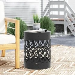 Iron Cut Design Outdoor End Tables, Modern Cylindrical Patio End Table, Outdoor Side Table With Overlapping Circle Pattern -Christopher Knight Home