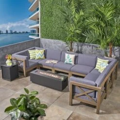 Thasos 10pc Acacia U-Shaped Farmhouse Sectional Sofa Set With Fire Pit - Gray - Christopher Knight Home -FurniVerse Store GUEST 946ae1e4 be2d 4ee6 996d e52f97d86b38