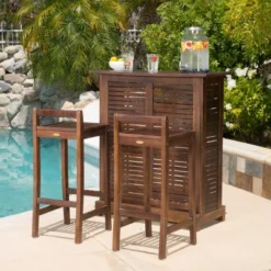 Christopher Knight Home Riviera Outdoor Acacia Wood 3 Piece Bar Set, Rich Mahogany