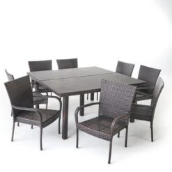 Christopher Knight Home Kama 9 Piece Outdoor Wicker Patio Dining Set With 64" Square Table And Stackable Chairs