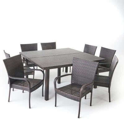 Christopher Knight Home Kama 9 Piece Outdoor Wicker Patio Dining Set With 64" Square Table And Stackable Chairs 1 Christopher Knight Home Kama 9 Piece Outdoor Wicker Patio Dining Set With 64" Square Table And Stackable Chairs