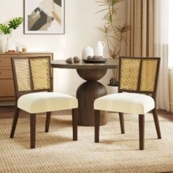Christopher Knight Home Hassan Rubberwood Upholstered Dining Chairs With Cane Webbing(Set Of 2)