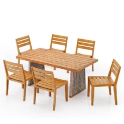 Christopher Knight Home Penelope Rustic 7 Piece Outdoor Acacia Wood Slatted Dining Set With Rattan Table