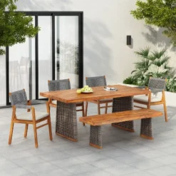 Christopher Knight Home Amara Rustic 6 Piece Outdoor Acacia Wood Dining Set With Rattan Slatted Table And Cushions -FurniVerse Store GUEST 9dc347db 60c0 48e8 a0e7 165ea6676189