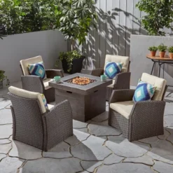Christopher Knight Home Mawbey Outdoor Wicker 5 Piece Club Chair And Fire Pit Set With Cushions