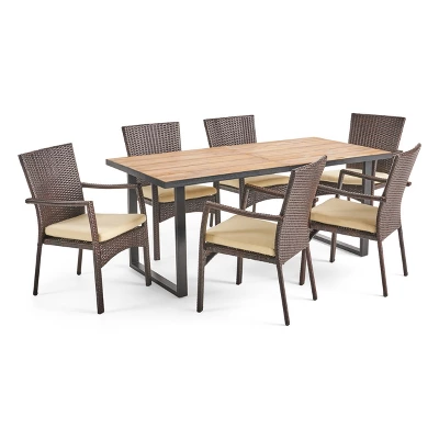 Christopher Knight Home Powell Outdoor Acacia Wood And Wicker 7 Piece Dining Set With Cushion, Teak/Brown 2 Christopher Knight Home Powell Outdoor Acacia Wood And Wicker 7 Piece Dining Set With Cushion, Teak/Brown - Image 2