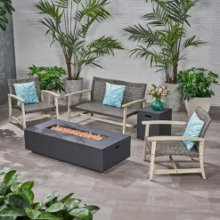 Christopher Knight Home Augusta Outdoor Acacia Wood And Wicker 4 Seater Chat Set With Fire Pit