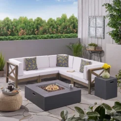 Christopher Knight Home Brava Outdoor Acacia Wood 5 Seater Sectional Sofa Set With Fire Pit -FurniVerse Store GUEST a49378d7 c010 475b 96ce 664e573c5431