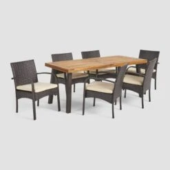 Bavaro 7pc Rectangle All-Weather Wicker And Wood Patio Dining Set - Brown/Cream - Christopher Knight Home