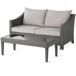 Christopher Knight Home Antibes 2 Piece Outdoor Wicker Loveseat And Coffee Table Set With Cushions -FurniVerse Store GUEST a63b3a41 8dd2 4c46 88f8 51e490efb47e
