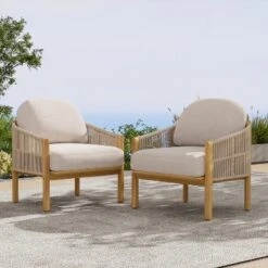 Christopher Knight Home Tatum Outdoor Acacia Wood Club Chair With Woven Rope Backrest And Cushions (Set Of 2)