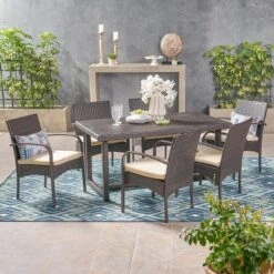 Christopher Knight Home Harlowe Outdoor Wicker 7 Piece Dining Set With Cushion