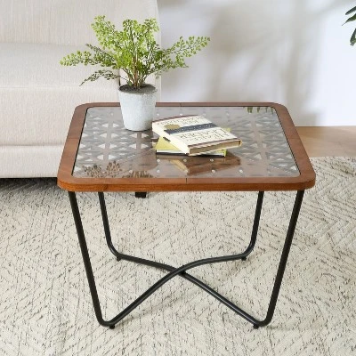 Christopher Knight Home Tierney Industrial Tempered Glass And Metal Square Coffee Table With Geometric Pattern 7 Christopher Knight Home Tierney Industrial Tempered Glass And Metal Square Coffee Table With Geometric Pattern - Image 7