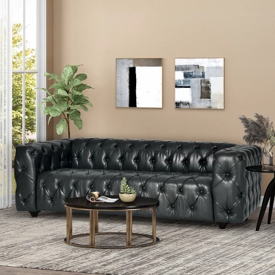 Sagewood Contemporary Faux Leather Tufted 3 Seater Sofa Midnight Black/Dark Brown - Christopher Knight Home 1 Sagewood Contemporary Faux Leather Tufted 3 Seater Sofa Midnight Black/Dark Brown - Christopher Knight Home