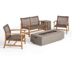 Christopher Knight Home Augusta Outdoor Acacia Wood And Wicker 4 Seater Chat Set With Fire Pit -FurniVerse Store GUEST b0d9c383 6269 44d7 b75b 4af53e394091