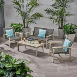 Christopher Knight Home Hampton Outdoor Wicker And Acacia Wood 4 Seater Chat Set -FurniVerse Store GUEST b15f135d 8b96 4b8f 9e72 72504c7294da