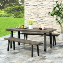 Pointe 3pc Outdoor Modern Industrial Aluminum Dining Set With Benches Gray/Matte Black - Christopher Knight Home