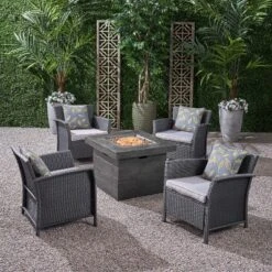 Christopher Knight Home Raina Outdoor Wicker 5 Piece Club Chair And Fire Pit Set With Cushion