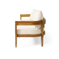 Brooklyn Outdoor Acacia Wood 3 Seat Sofa With Cushions Teak/Beige - Christopher Knight Home: Weather-Resistant Patio Furniture -FurniVerse Store GUEST b762592e 7c3f 495d 91c6 8eafc565580c