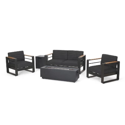 Christopher Knight Home Ostrander 4-Seater Outdoor Aluminum Chat Set With Fire Pit Table, Black/Dark Gray 2 Christopher Knight Home Ostrander 4-Seater Outdoor Aluminum Chat Set With Fire Pit Table, Black/Dark Gray - Image 2