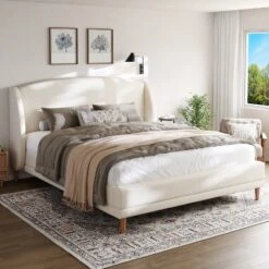 Christopher Knight Home Nicky Boucle Upholstered Platform Bed With Wingback Headboard, White