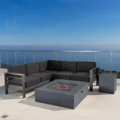 Christopher Knight Home Cape Coral Outdoor Aluminum 5 Seater Sectional Sofa Chat Set With 50000 BTU Fire Pit -FurniVerse Store GUEST b94d9360 e6fe 4fa3 9edd 266d191fb0a4