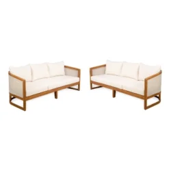 Christopher Knight Home Elrane Mid-Century Modern Patio 3-Seater Acacia Wood Sofa With Thick Cushions
