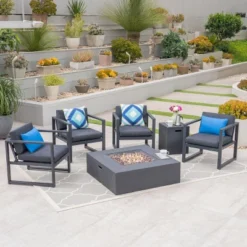 Christopher Knight Home Navan Outdoor Aluminum 5 Piece Club Chair And Fire Pit Set With Cushions