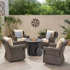 Amaya 5pc Outdoor 4 Wicker Swivel Chair & Fire Pit Set - Dark Brown/Beige/Matte Black - Christopher Knight Home