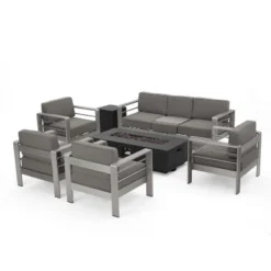 Christopher Knight Home Cape Coral Outdoor Aluminum 7 Seater Chat Set With Fire Pit