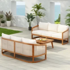 Christopher Knight Home Elrane Mid-Century Modern Patio 3-Seater Acacia Wood Sofa With Thick Cushions -FurniVerse Store GUEST bfe748d5 302a 4136 b186 f209471073d1