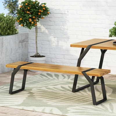Varva Outdoor Acacia Wood Dining Bench Teak/Black - Christopher Knight Home 2 Varva Outdoor Acacia Wood Dining Bench Teak/Black - Christopher Knight Home - Image 2