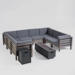 Malawi 10pc Acacia UShaped Sectional Sofa Set With Fire Pit Gray/Dark Gray - Christopher Knight Home