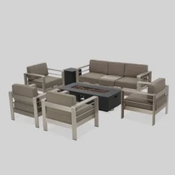 Cape Coral 7pc Aluminum And MGO Firepit Set Dark Gray/Khaki - Christopher Knight Home: Weather-Resistant, With Cushions