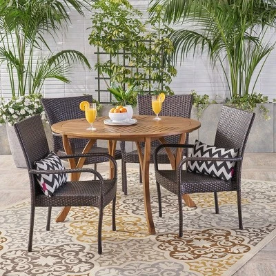 Collins 5pc Acacia Wood & Wicker Dining Set - Teak/Brown - Christopher Knight Home 1 Collins 5pc Acacia Wood & Wicker Dining Set - Teak/Brown - Christopher Knight Home