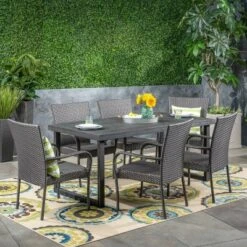 Mayhill 7pc Acacia Wood And Wicker Dining Set: Weather-Resistant, 6 Arm Chairs - Christopher Knight Home -FurniVerse Store GUEST d07187f9 8d9e 4032 acad 5362fa97f737