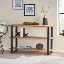 Rooker Handcrafted Modern Industrial Acacia Wood Media Console Table Natural/Black - Christopher Knight Home