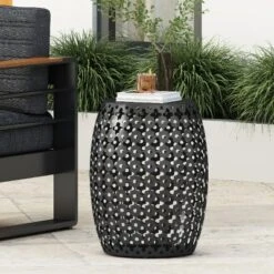 Modern Iron Patio Side Table With Cross-Cut Design, Powder-Coated Frame, Barrel Outdoor End Table, Patio End Tables -Christopher Knight Home 20 Modern Iron Patio Side Table With Cross-Cut Design, Powder-Coated Frame, Barrel Outdoor End Table, Patio End Tables -Christopher Knight Home -FurniVerse Store GUEST d105f332 971a 414a 9bb3 9a04f6c4a021