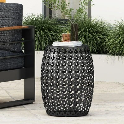 Modern Iron Patio Side Table With Cross-Cut Design, Powder-Coated Frame, Barrel Outdoor End Table, Patio End Tables -Christopher Knight Home 10 Modern Iron Patio Side Table With Cross-Cut Design, Powder-Coated Frame, Barrel Outdoor End Table, Patio End Tables -Christopher Knight Home - Image 10